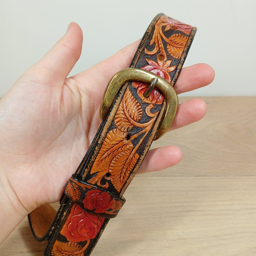 The Belt Factor Floral Belt Unisex 28 Brown Leather Tooled Rose Brass Buckle USA
